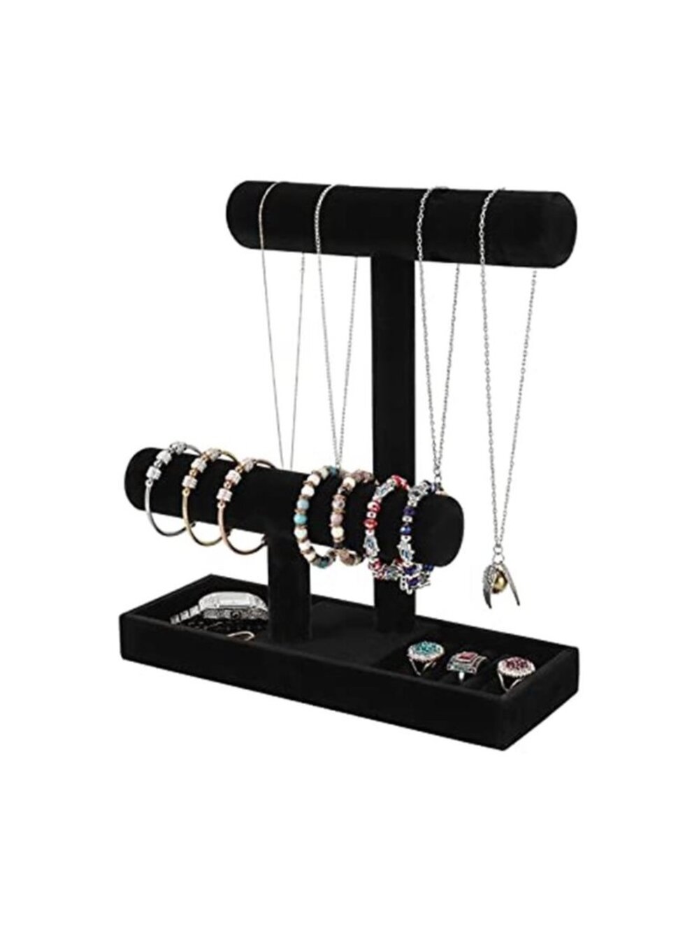 2Tier Jewelry Holder,Necklace Bracelet Organizer Stand (Black) with earring Tray